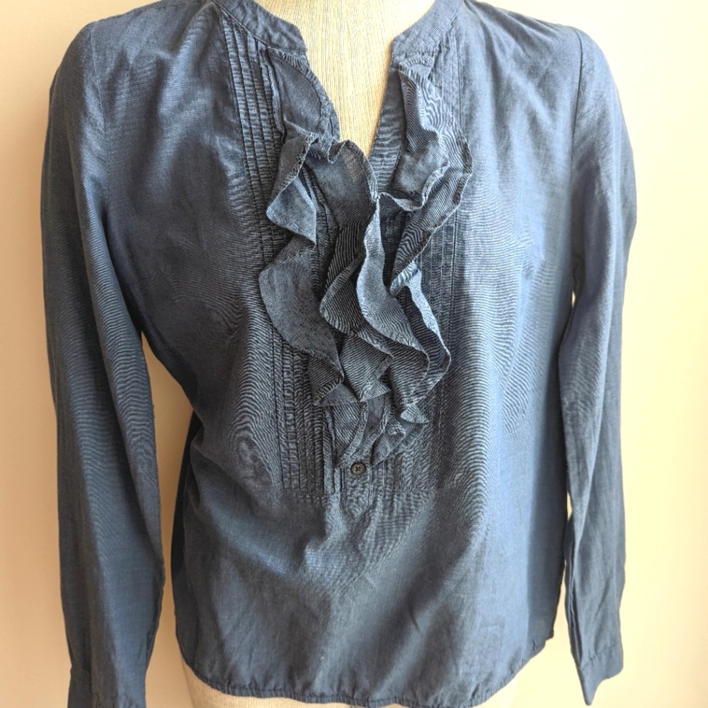 Loft Womens Size S Blue Chambray Ruffle Front Button Down Top Blouse.59